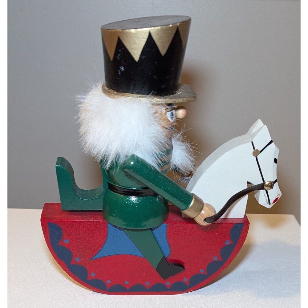 9” Wooden Christmas Holiday Red & Green Nutcracker on Rocking Horse